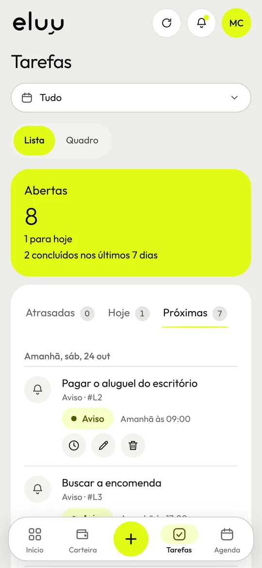 Tela de tarefas da eluu no celular, com as tarefas e os avisos dos próximos dias.