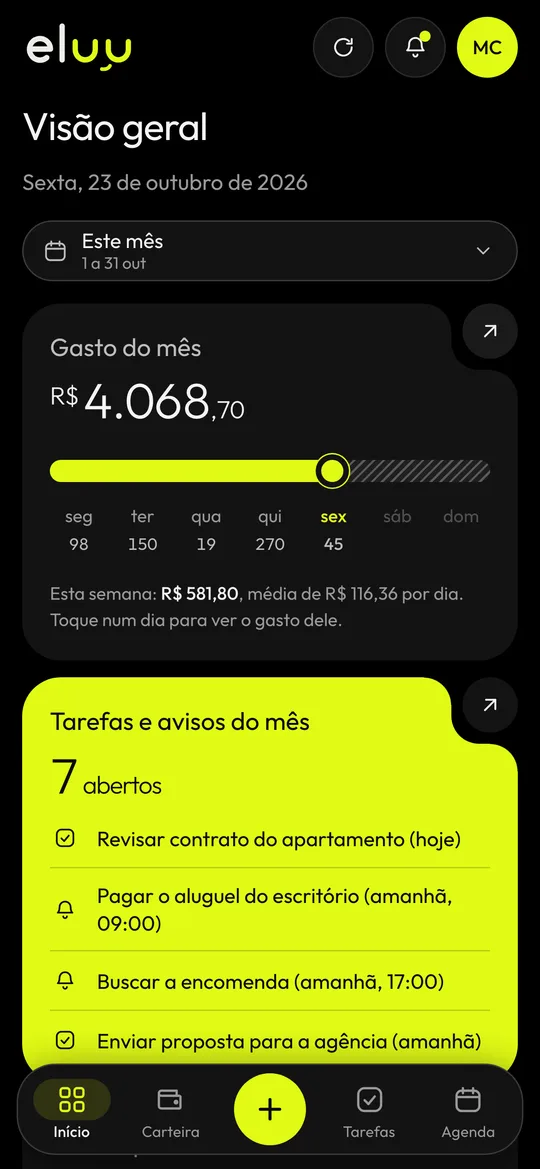 A visão geral da eluu no celular.